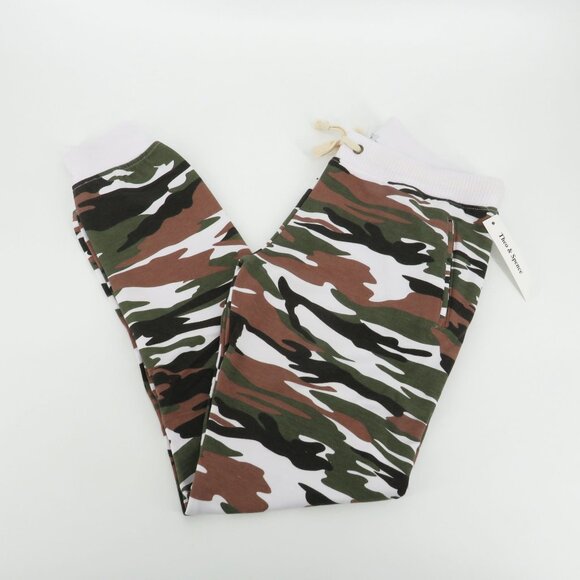 Theo & Spence Camo Lounge Pants Small Elastic Waist Drawstring Ribbed Cuffs NWT - Picture 1 of 5